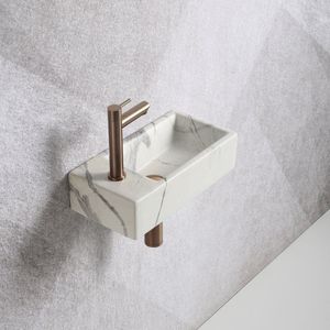Fonteinset Mia 40.5x20x10.5cm marmerlook wit geaderd grijs links inclusief fontein kraan, sifon en afvoerplug copper