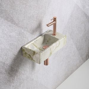Fonteinset Mia 40.5x20x10.5cm marmerlook wit groen rechts inclusief fontein kraan, sifon en afvoerplug mat rose goud