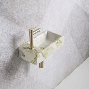Fonteinset Mia 40.5x20x10.5cm marmerlook wit groen links inclusief fontein kraan, sifon en afvoerplug mat goud