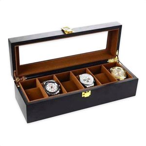 Confibel Luxe Houten Horloge Box - Geschikt voor Horloges en Sieraden - 6 Compartimenten met 6 Kussentjes - Zwart/Bruin