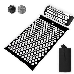 Acupressure Mat en Kussen - Spijkermat + Kussen set + Triggerpoint bal - Acupunctuur Set - Massage & Ontspanning - 65x40 cm - Zwart