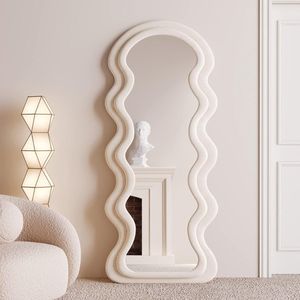 SensaHome Wavy Gestoffeerde Staande Spiegel Passpiegel Suede Velvet Wit Creme