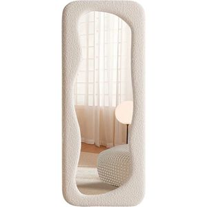 SensaHome Gestoffeerde Staande Spiegel Curvy - Assymetrische Organische Passpiegel Boucle Stof - 60x160 - Teddy Wit
