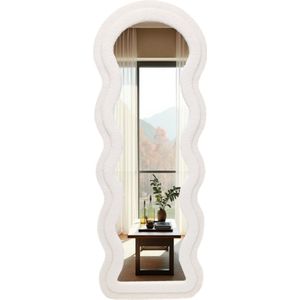 SensaHome Wavy Gestoffeerde Staande Spiegel Passpiegel Suede Velvet Teddy Wit