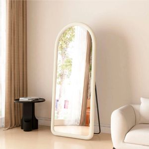 SensaHome Gestoffeerde Staande Spiegel Oval Passpiegel Suede Velvet Teddy White
