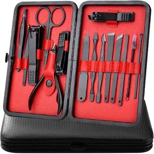 In Round Nagelset 15-delig met Etui – Manicure Set – Pedicure Set - Staal – Zwart / Rood – Nagelsetje – Nagel Knipper – Nagelknipper – Manicureset – Nagelschaar – Pedicureset – Nagelverzorging – Nageltang – Nail clipper