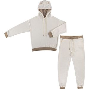 LEYSHE Thermo-huispak voor dames, behaaglijk met V-hals, kraag, warm, tweedelig vrijetijdspak, loungewear, set, elegant joggingpak, zwart, S
