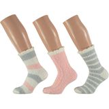 Apollo - Bedsokken - Roze-Grijs - 3-Pak - Dames - Fluffy Sokken - Warme Sokken