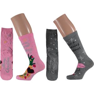 Apollo - Kerstsokken dames - Multi Rose/Grijs - Maat 36/41 - Sokken kerstmis - Kerst - Kerstcadeau vrouwen - Kerstcadeau dames