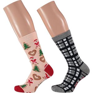 Apollo - Kerstsokken dames - Multi Rose/Grijs - Maat 36/41 - Kerstsokken dames - Kerstokken in kerstbal - Kerstcadeau dames