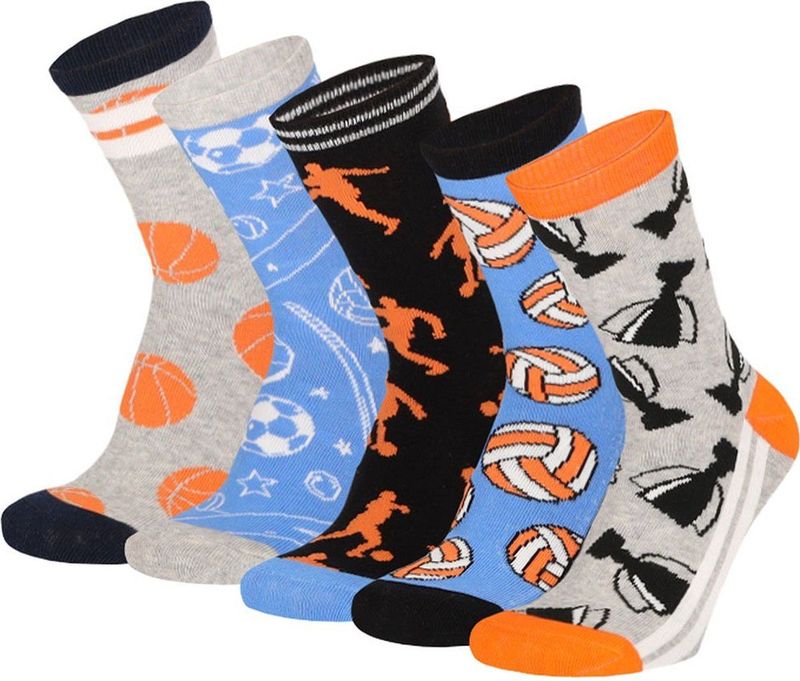 Apollo - Kleurrijke Kindersokken - Blauw/Oranje - Multipack van 5 Paar