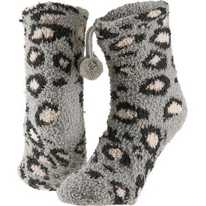 Huissokken - Blauw - Grijs - Roze - 100% Polyester - Dierenprint met Pompons