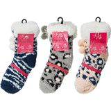 Huissokken - Blauw - Grijs - Roze - 100% Polyester - Dierenprint met Pompons