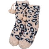 Huissokken - Blauw - Grijs - Roze - 100% Polyester - Dierenprint met Pompons