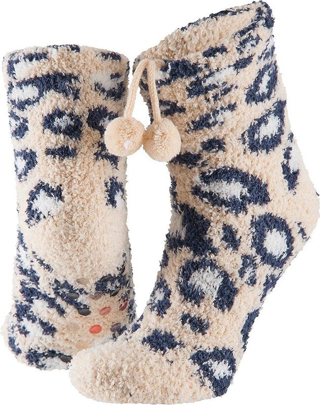 Huissokken - Blauw - Grijs - Roze - 100% Polyester - Dierenprint met Pompons