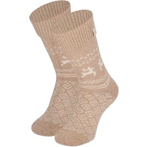 Apollo - Wollen Huissokken - Bruin - Grijs - Rose - Dames - Rendierprint