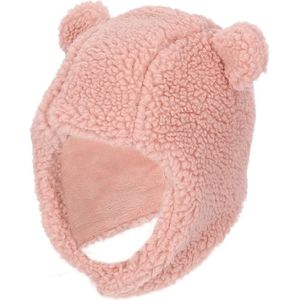 Mayoii Baby Wintermuts met oorflappen – Zachte gebreide peutermuts met schattige berenoortjes, warme katoenen babymuts voor herfst & winter, roze, S