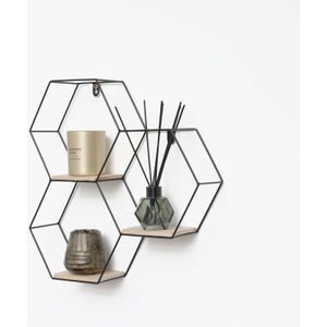 IVOL Zwart metalen wandrek industrieel met 3 houten plankjes - Driedubbel zeshoekig - 40,5x41 cm