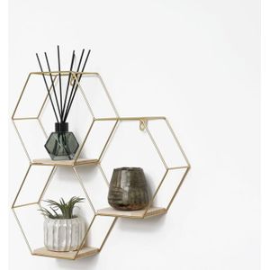 IVOL Goud metalen wandrek industrieel met 3 houten plankjes - Driedubbel zeshoekig - 40,5x41 cm
