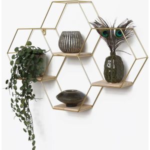 IVOL Goud metalen wandrek industrieel met 4 houten plankjes - Vierdubbel zeshoekig - 40,5x58 cm