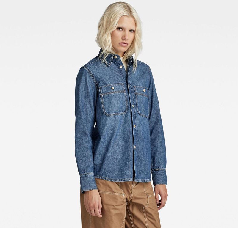 Blouse - Effen - Denim - Lange Mouw - Normale Pasvorm