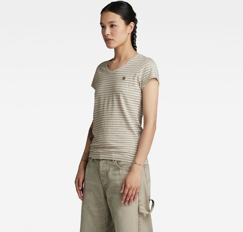 T-shirt - Gestreept - Jersey - V-hals - Kwartmouw