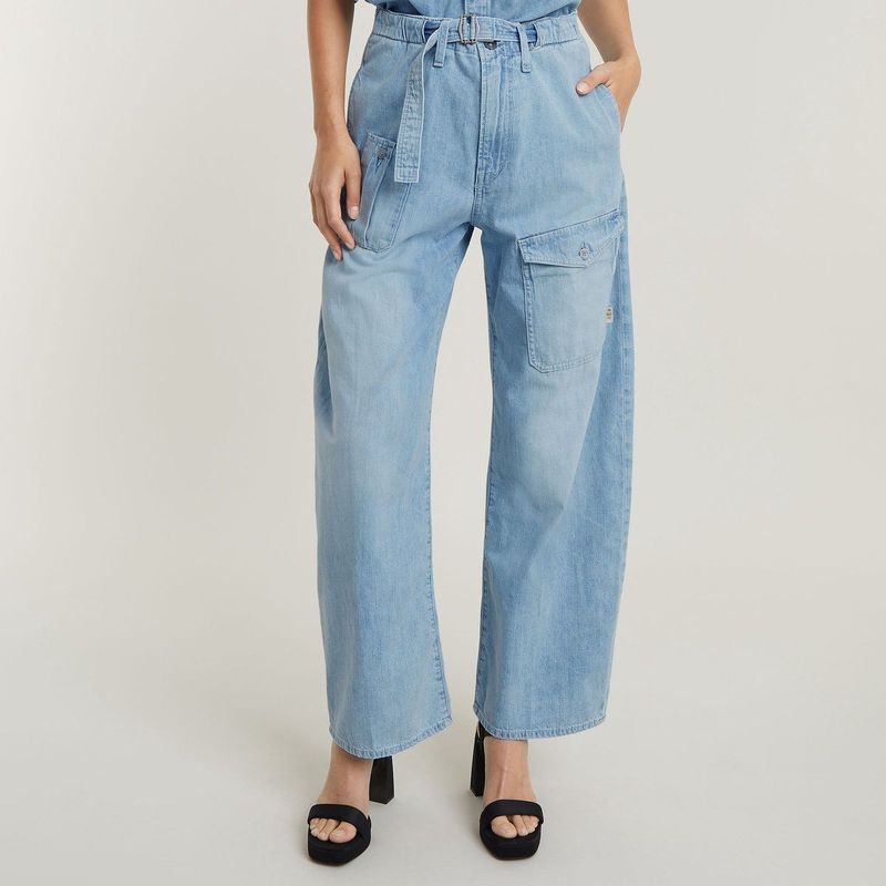 Cargojeans - Denim - Jeans - Light Washed - Wide Leg, High Waist, Ritssluiting