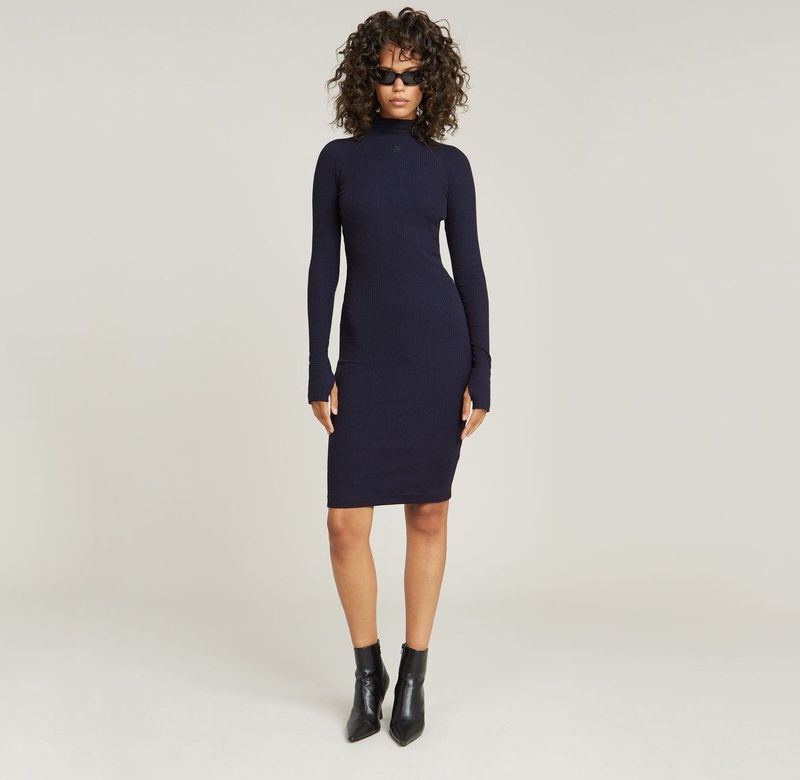 G-Star - D25931-D892-C423 - Rib Slim Jurk - Marineblauw - Lange Mouwen