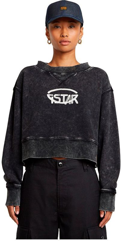 G-Star - D26655-D249-B564 - Overgeverfd Cropped Logo Los Sweatshirt - Zwart - Biologisch Katoen - Duurzaam