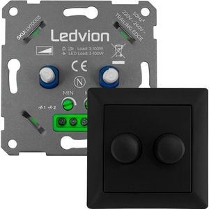 Ledvion - LED Duo Dimmer 3-100W - Incl. Zwarte Afdekplaat - Universeel
