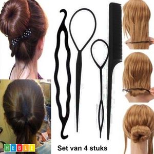 Heble - Styling Tool Set - Haarclip - Donut Bun Knot Maker - Lus Invlecht - Puntkam - Set van 4 Stuks - Zwart