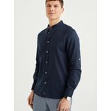 WE Fashion - Linnen Overhemd - Donkerblauw - Mao Kraag - Lange Mouwen