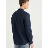 WE Fashion - Linnen Overhemd - Donkerblauw - Mao Kraag - Lange Mouwen