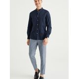 WE Fashion - Linnen Overhemd - Donkerblauw - Mao Kraag - Lange Mouwen