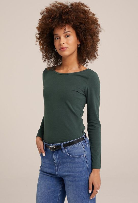 WE Fashion - Shirt - Donkergroen - Lange Mouw - Getailleerd Model