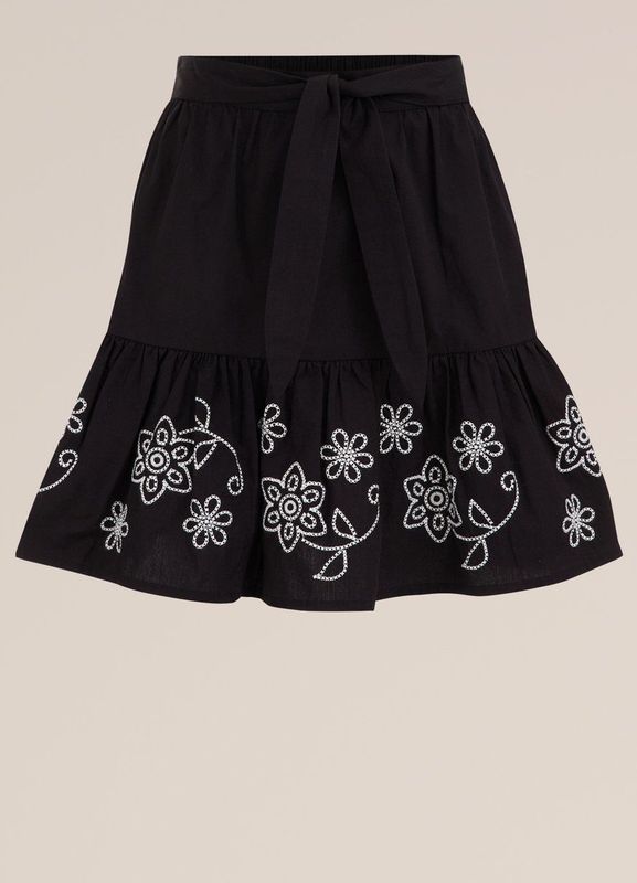 Plooirok - Katoenmix - Elastische Taille - Striksluiting - Borduursels - Ruches