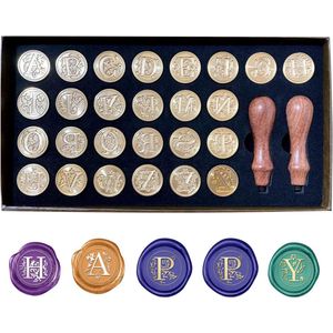 Wax Seal Stempel Set, 26 Letters A-Z Vintage Retro Brass Wax Afdichting Stempel Kit Alfabet Verwijderbare Messing Hoofd Afdichting Stempel Met Houten Handvat Voor Uitnodigingen Kaarten Letters Enveloppen (26 stuks)