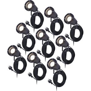 9x HOFTRONIC Sydney - GU10 Tuinspot voor buiten - 1.5 Meter kabel met eurostekker - 5 Watt 450 lumen - Aluminium Prikspot met grondspies - IP65 waterdicht - 4000K Neutraal wit - Ook te gebruiken als wandspot - Gazon spotlight - Schijnwerper