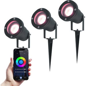 Set van 3 Smart LED Prikspots - RGBWW lichtkleuren - Kantelbaar - IP44 Vochtbestendig - Aluminium - Tuinspot - Geschikt voor in de tuin - Zwart - 3 jaar garantie