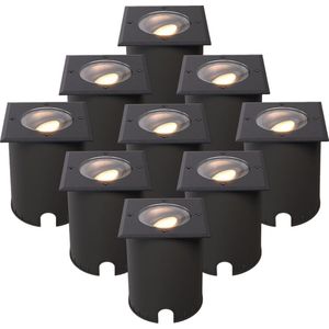 HOFTRONIC - Set van 9 Cody LED Grondspots XL Zwart - Vierkant - Dimbaar en kantelbaar - IP67 Waterdicht - RVS - GU10 4.5W 345 Lumen - 2700K warm wit licht - Geschikt voor tuin, oprit en pad