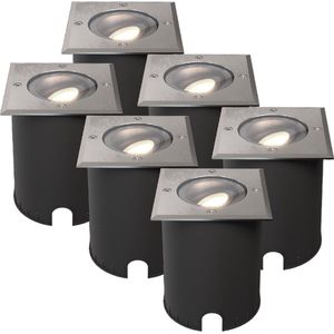 HOFTRONIC - Set van 6 Cody LED Grondspots XL RVS - Vierkant - Dimbaar en kantelbaar - IP67 Waterdicht - RVS - GU10 4.5W 345 Lumen - 4000K neutraal wit licht - Geschikt voor tuin, oprit en pad