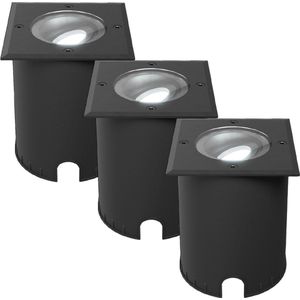 HOFTRONIC - Set van 3 Cody LED Grondspots XL Zwart - Vierkant - Dimbaar en kantelbaar - IP67 Waterdicht - RVS - GU10 4.5W 345 Lumen - 6500K Daglicht wit licht - Geschikt voor tuin, oprit en pad