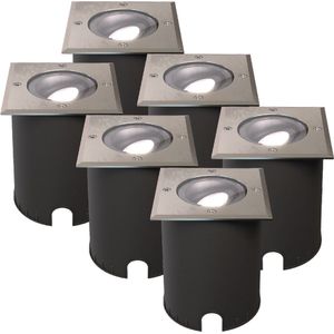 HOFTRONIC - Set van 6 Cody LED Grondspots XL RVS - Vierkant - Dimbaar en kantelbaar - IP67 Waterdicht - RVS - GU10 4.5W 345 Lumen - 6500K Daglicht wit licht - Geschikt voor tuin, oprit en pad