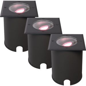 HOFTRONIC - Set van 3 Cody Smart Grondspots XL Zwart - Vierkant - Kantelbaar - RGB + WW - GU10 5,5W 345 Lumen - Bestuurbaar via smartphone en stem - IP67 Waterdicht - WiFi + Bluetooth - Smart Home tuinverlichting