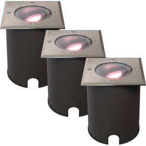 HOFTRONIC - Set van 3 Cody Smart Grondspots XL RVS - Vierkant - Kantelbaar - RGB + WW - GU10 5,5W 345 Lumen - Bestuurbaar via smartphone en stem - IP67 Waterdicht - WiFi + Bluetooth - Smart Home tuinverlichting