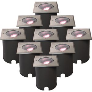 Set van 9 Cody Smart Grondspots RVS – GU10 5,5 Watt 345 lumen - RGB + WW - Wifi + BLE - Kantelbaar - Overrijdbaar - Vierkant - IP67 waterdicht