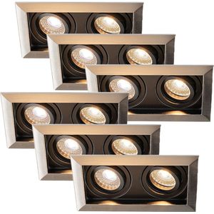 HOFTRONIC - Set van 6 Durham Dubbel LED Inbouwspots vierkant RVS - GU10 - 10 Watt 800 Lumen - 2700K Warm wit licht - Kantelbaar en Dimbaar - Diameter 100x185mm - Plafondspots 2 lichts