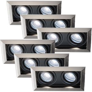 HOFTRONIC - Set van 6 Durham Dubbel LED Inbouwspots vierkant RVS - GU10 - 10 Watt 800 Lumen - 6000K Daglicht wit licht - Kantelbaar en Dimbaar - Diameter 100x185mm - Plafondspots 2 lichts