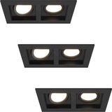 HOFTRONIC - Set van 3 Fresno Dubbele Inbouwspots - Rechthoek - 2x GU10 - 4000K Neutraal wit - 10 Watt 800 lumen - Kantelbaar - IP20 stofdicht- Zwart