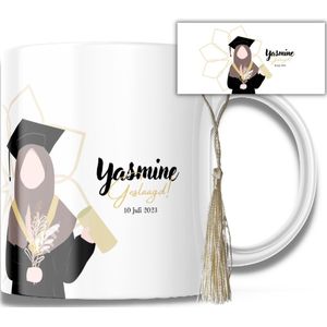 Geslaagd - Examen - mok - Beker - incl. Tassel - Kwast - Hijab - Islamitisch - Diploma - Felicitatie - Schooljaar - Uitreiking - Cadeau